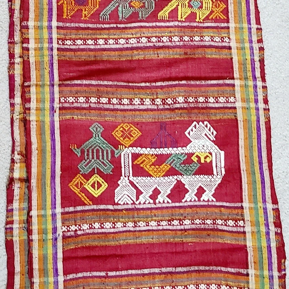 Vtg Thai Red Textile Tribal Woven Silk Cotton Wall Hanging Runner 7 yds 13
